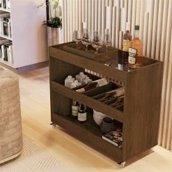 Deals ❤️ Boahaus Rhyl 5-Rack Modern Wood Bar Cart With Lockable Casters In Dark Brown 🔔 -Guest Chairs Sales 2552988 2 L