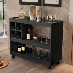 New 🛒 Boahaus Swansea 4-Rack Modern Wood Bar Cart With Lockable Casters In Black 🤩 -Guest Chairs Sales 2552989 2 L
