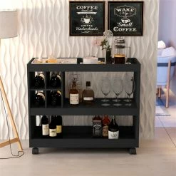 New 🛒 Boahaus Swansea 4-Rack Modern Wood Bar Cart With Lockable Casters In Black 🤩 -Guest Chairs Sales 2552989 3 L