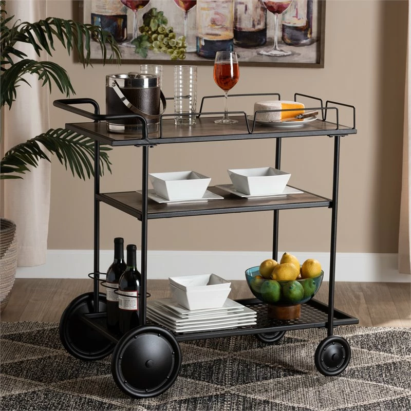 Brand new π Baxton Studio Huntley Walnut Brown Wood And Black Metal Mobile Wine Cart π 7 Brand new π Baxton Studio Huntley Walnut Brown Wood And Black Metal Mobile Wine Cart π - Image 7