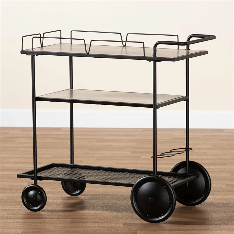 Brand new π Baxton Studio Huntley Walnut Brown Wood And Black Metal Mobile Wine Cart π 8 Brand new π Baxton Studio Huntley Walnut Brown Wood And Black Metal Mobile Wine Cart π - Image 8