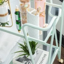 Promo 🤩 Allora Mid-Century Modern Metal And Mirorred Bar Cart In Mint Green 🔔 -Guest Chairs Sales 2571778 6 L