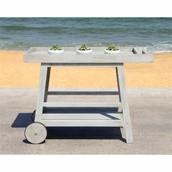Coupon 🥰 Safavieh Renzo Eucalyptus Wood Indoor/Outdoor Bar Cart In Gray 🧨 -Guest Chairs Sales 2574112 7 L