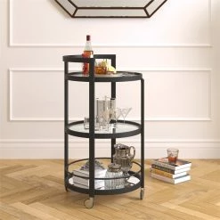 Best Sale 🤩 Maklaine Contemporary 21" Glam Mirrored Glass Round Bar Cart In Black/Bronze 🧨 -Guest Chairs Sales 2575373 3 L