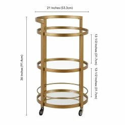 Cheapest 🌟 Maklaine Contemporary 21" Glam Mirrored Glass Round Bar Cart In Brass Finish 💯 -Guest Chairs Sales 2575379 4 L