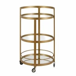Cheapest 🌟 Maklaine Contemporary 21" Glam Mirrored Glass Round Bar Cart In Brass Finish 💯 -Guest Chairs Sales 2575379 7 L
