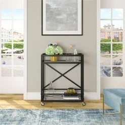 Budget 😀 Maklaine Contemporary 36" X-Accent Metal Bar Cart In Black/Bronze 🛒 -Guest Chairs Sales 2575393 4 L