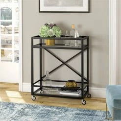 Budget 😀 Maklaine Contemporary 36" X-Accent Metal Bar Cart In Black/Bronze 🛒 -Guest Chairs Sales 2575393 7 L
