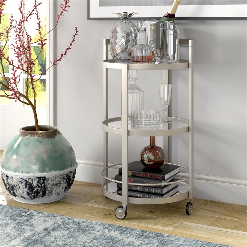Flash Sale π Maklaine Contemporary 21" Glam Mirrored Glass Round Bar Cart In Nickel Finish π₯° 2 Flash Sale π Maklaine Contemporary 21" Glam Mirrored Glass Round Bar Cart In Nickel Finish π₯° - Image 2