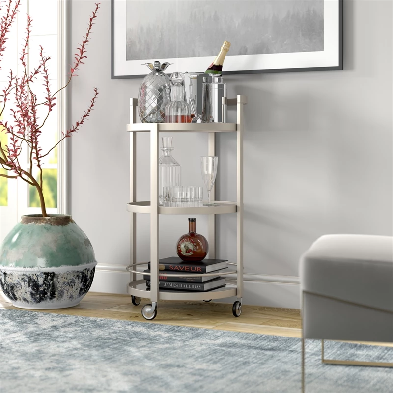 Flash Sale π Maklaine Contemporary 21" Glam Mirrored Glass Round Bar Cart In Nickel Finish π₯° 4 Flash Sale π Maklaine Contemporary 21" Glam Mirrored Glass Round Bar Cart In Nickel Finish π₯° - Image 4