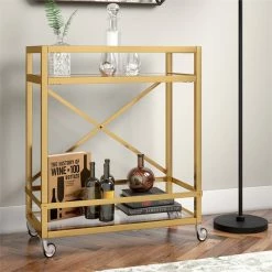 Discount 🥰 Maklaine Contemporary 36" X-Accent Metal Bar Cart In Brass Finish 👍 -Guest Chairs Sales 2575419 5 L