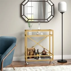 Discount 🥰 Maklaine Contemporary 36" X-Accent Metal Bar Cart In Brass Finish 👍 -Guest Chairs Sales 2575419 6 L