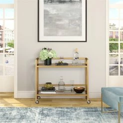 Buy 🌟 Pemberly Row Contemporary 2-Shelf Metal X-Accent Bar Cart Brass Finish 🤩 -Guest Chairs Sales 2575709 4 L