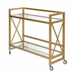 Buy 🌟 Pemberly Row Contemporary 2-Shelf Metal X-Accent Bar Cart Brass Finish 🤩 -Guest Chairs Sales 2575709 8 L