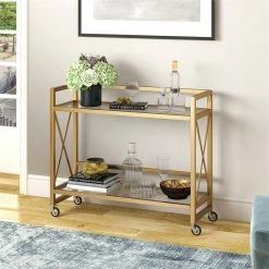 Buy 🌟 Pemberly Row Contemporary 2-Shelf Metal X-Accent Bar Cart Brass Finish 🤩 -Guest Chairs Sales 2575709 L