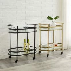 Deals ✔️ Allora Modern Metal Bar Cart With 2 Tempered Glass Shelves In Matte Black 🤩 -Guest Chairs Sales 2576041 7 L