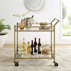 Cheap 🥰 Bowery Hill 2 Tier Glass Top Bar Cart In Antique Gold Finish 🥰 -Guest Chairs Sales 2576059 4 L