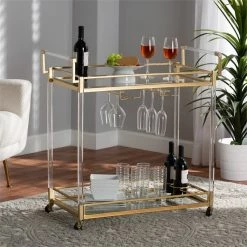 Best Pirce ⌛ Baxton Studio Savannah Glam And Luxe Gold Metal And Glass Wine Cart 🧨 -Guest Chairs Sales 2599715 8 L