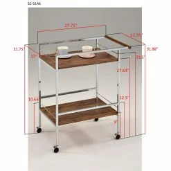 New 👍 IN Room Furniture Designs Contemporary Metal Serving Cart In Chrome/Oak 🎁 -Guest Chairs Sales 2599963 2 L