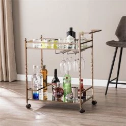 Best Pirce ⌛ Pemberly Row Glass Mirrored Metal Bar Cart In Champagne Finish 🤩 -Guest Chairs Sales 2601486 1 L