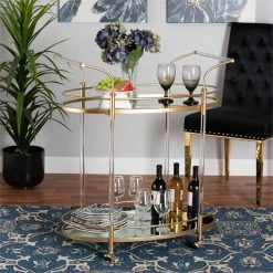 Best deal ⌛ Baxton Studio Nakano Gold Metal And Mirrored Glass 2-Tier Wine Cart ⭐ -Guest Chairs Sales 2608349 5 L