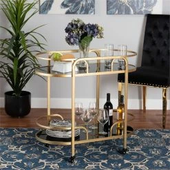 Deals ✔️ Baxton Studio Leighton Gold Metal And Tempered Glass 2-Tier Wine Cart 😍 -Guest Chairs Sales 2608365 5 L