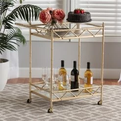 Cheap ⌛ Baxton Studio Mela Gold Metal And White Marble 2-Tier Wine Cart 🔥 -Guest Chairs Sales 2620965 5 L