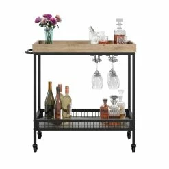 Deals 🥰 Sauder Market Commons Engineered Wood And Metal Bar Cart In Prime Oak 😍 -Guest Chairs Sales 2628382 2 L